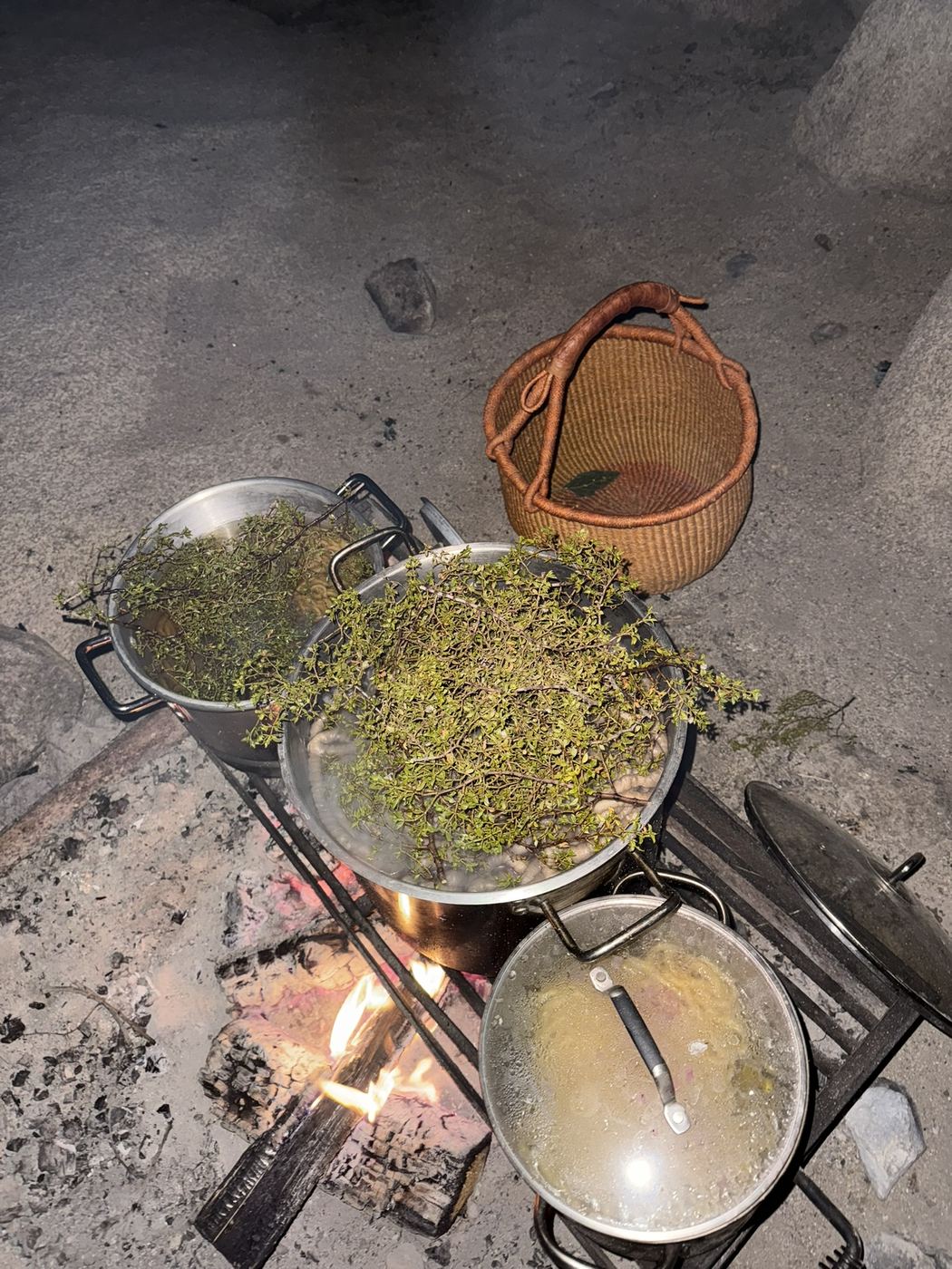 Dye pots of green plants simmering over a fire, with a forage basket nearby